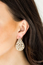 Load image into Gallery viewer, Paparazzi REIGN-Storm - Gold - White Rhinestones - Post Earrings - $5 Jewelry with Ashley Swint