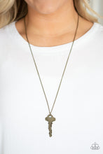 Load image into Gallery viewer, Paparazzi The Keynoter - Brass - Keys Pendant - Shimmery Brass Chain Necklace &amp; Earrings - $5 Jewelry With Ashley Swint