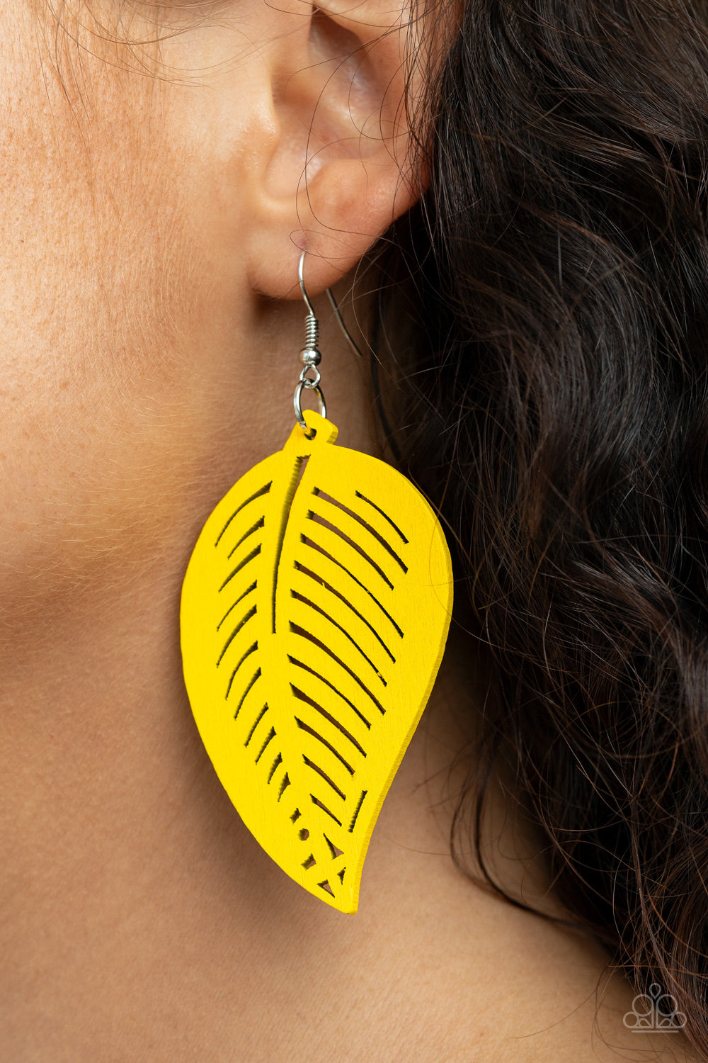 Paparazzi Tropical Foliage - Yellow Sunny - Wooden Frame Leaf Pattern - Earrings - $5 Jewelry with Ashley Swint