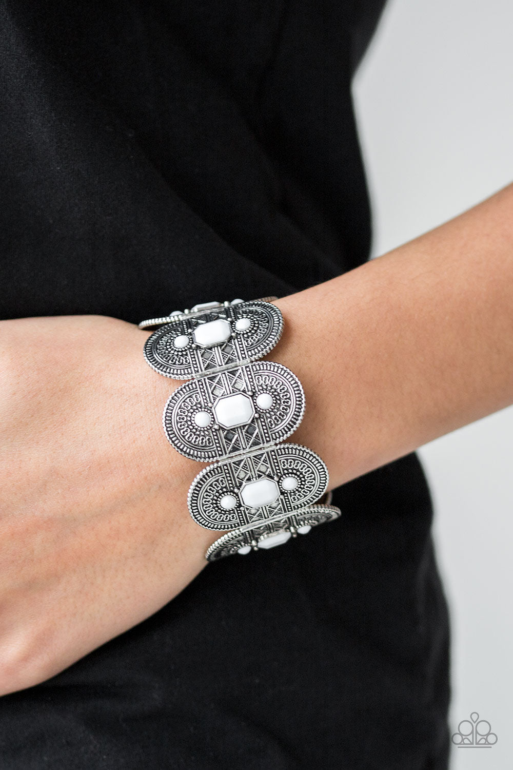 Paparazzi Turn Up The TROPICAL Heat - White Beads - Silver Stretchy Bracelet - $5 Jewelry with Ashley Swint