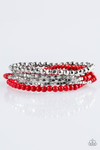 Paparazzi Colorfully Chromatic - Red - Silver Faceted Beads - Set of 5 Stretchy Band Bracelets - $5 Jewelry With Ashley Swint
