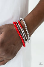 Load image into Gallery viewer, Paparazzi Colorfully Chromatic - Red - Silver Faceted Beads - Set of 5 Stretchy Band Bracelets - $5 Jewelry With Ashley Swint
