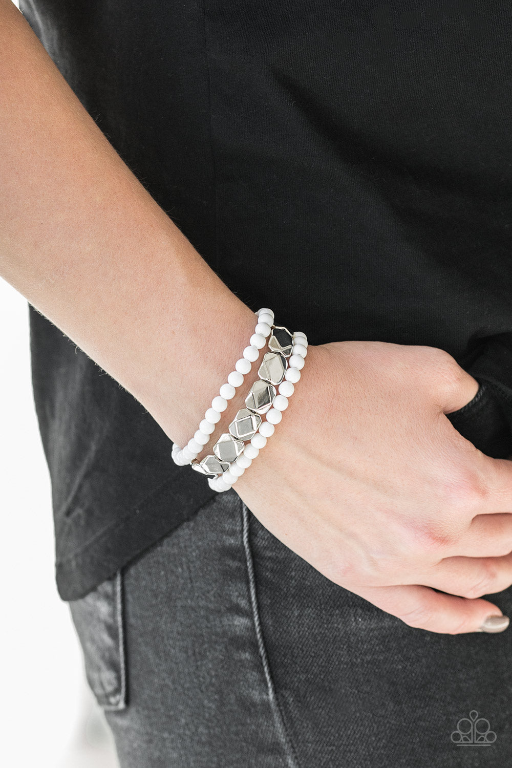 Paparazzi Fiesta Flavor - White - Faceted Silver Beads - Set of 3 Bracelets - $5 Jewelry With Ashley Swint