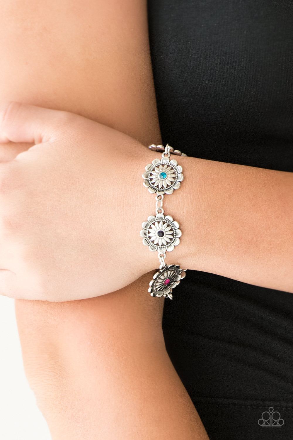 Paparazzi Funky Flower Child - Multi Rhinestone - Ornate Silver Bracelet - $5 Jewelry With Ashley Swint
