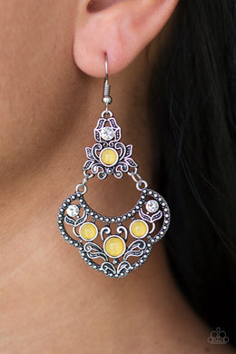 Paparazzi Garden State Glow - Yellow Beads - White Rhinestones Silver Earrings - $5 Jewelry With Ashley Swint