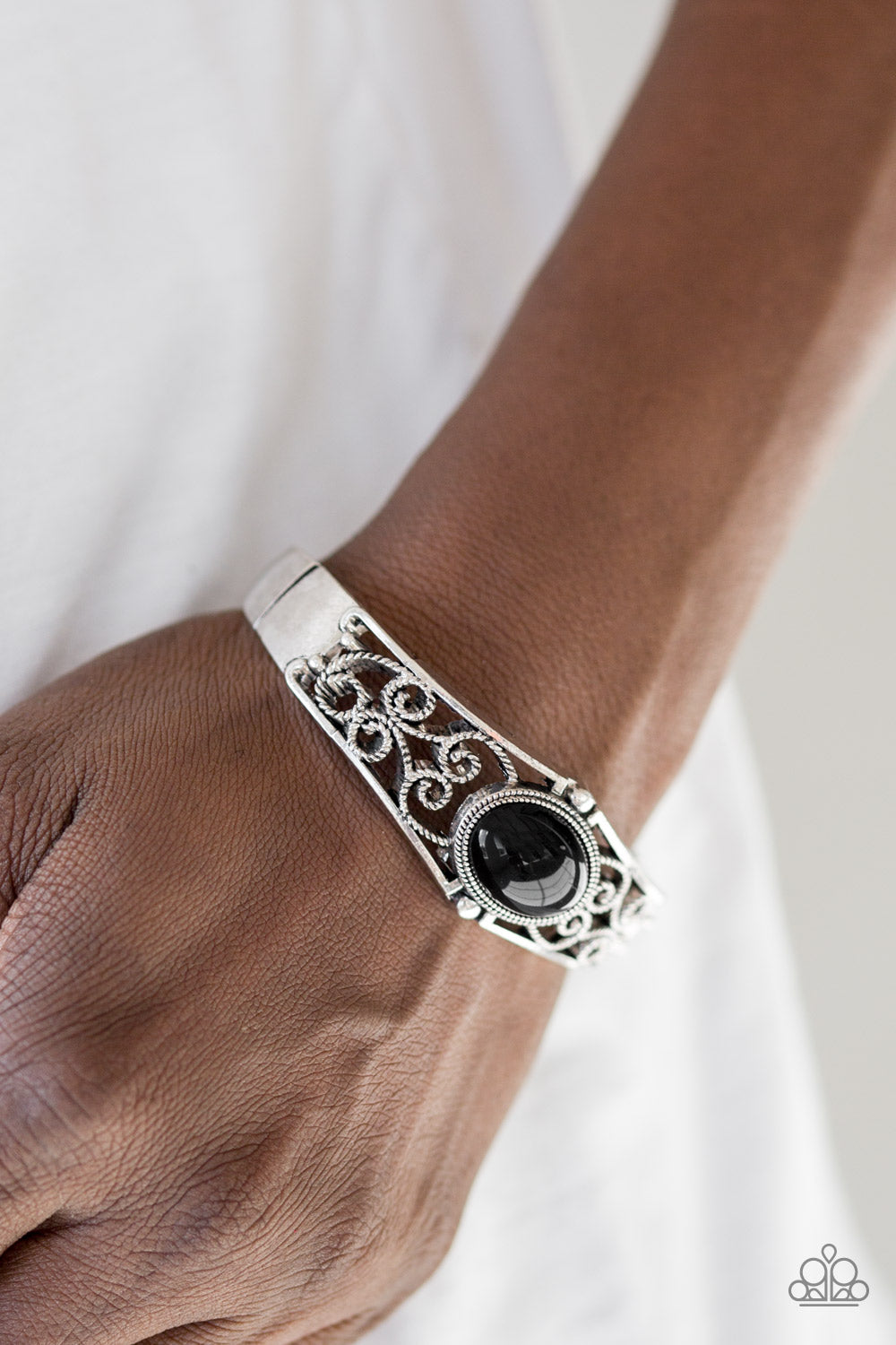 Paparazzi Joyful Journeys - Black Bead - Silver Filigree Hinged Bracelet - $5 Jewelry With Ashley Swint
