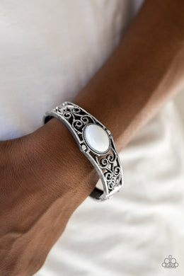 Paparazzi Joyful Journeys - White Bead - Silver Filigree Hinged Bracelet - $5 Jewelry With Ashley Swint