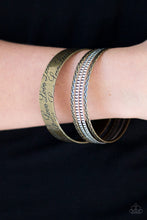 Load image into Gallery viewer, Paparazzi Literally Loveable - Brass and Silver Bangles - &quot;Love&quot; - Set of 5 Bracelets! - $5 Jewelry With Ashley Swint