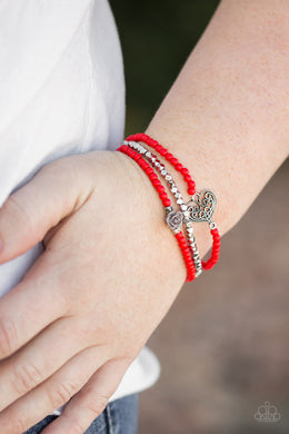 Paparazzi Lovers Loot - Red Beads - Silver Heart & Rose Charms - Set of 3 Stretchy Bracelets - $5 Jewelry With Ashley Swint
