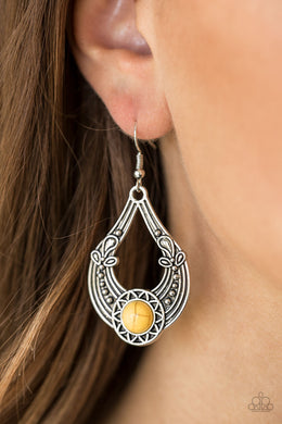 Paparazzi Sol Sonata - Yellow Stone - Silver Studded Sunburst - Earrings - $5 Jewelry With Ashley Swint