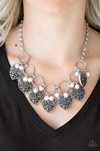 Paparazzi Very Valentine - Pink Pearls - Silver Hearts Necklace & Earrings - $5 Jewelry with Ashley Swint