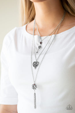 Paparazzi Love Opens All Doors - Red Rhinestones - Heart, Key, Leafy Silver Pendant - Necklace - $5 Jewelry With Ashley Swint
