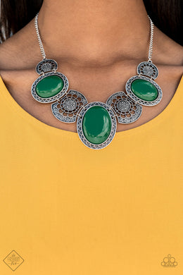 Paparazzi The Medallion-aire Green Beads - Silver Medallion Statement Necklace - Fashion Fix Exclusive September 2019 - $5 Jewelry With Ashley Swint