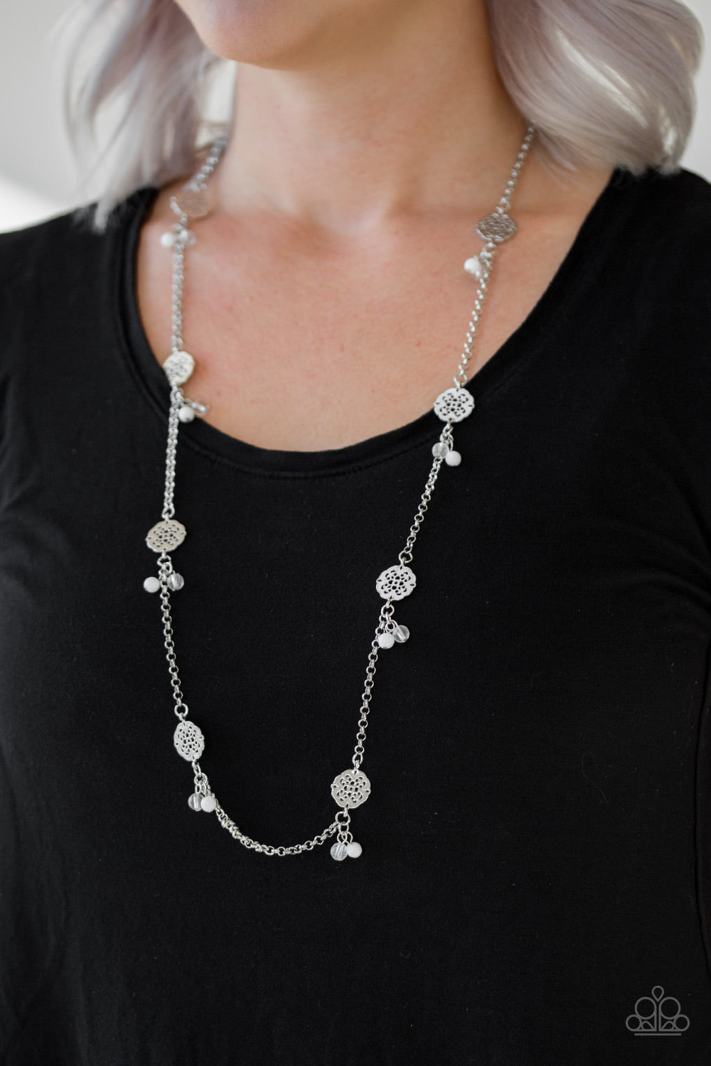 Paparazzi Color Boost - White - Silver Necklace and matching Earrings - $5 Jewelry With Ashley Swint