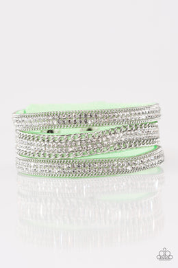 Paparazzi Dangerously Drama Queen - Green Suede Band - White Rhinestones - Silver Chains - Wrap / Snap Bracelet - $5 Jewelry With Ashley Swint