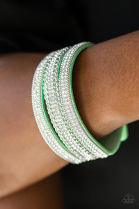 Paparazzi Dangerously Drama Queen - Green Suede Band - White Rhinestones - Silver Chains - Wrap / Snap Bracelet - $5 Jewelry With Ashley Swint