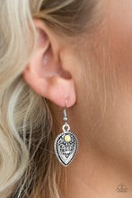 Load image into Gallery viewer, Paparazzi Distance PASTURE - Yellow Bead - Antiqued Textures Silver Teardrop Earrings - $5 Jewelry With Ashley Swint