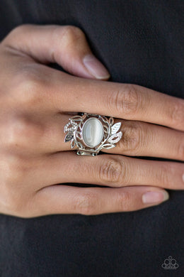 Paparazzi Garden Dew - White - Moonstone - Leafy Silver Frames - Ring - $5 Jewelry With Ashley Swint