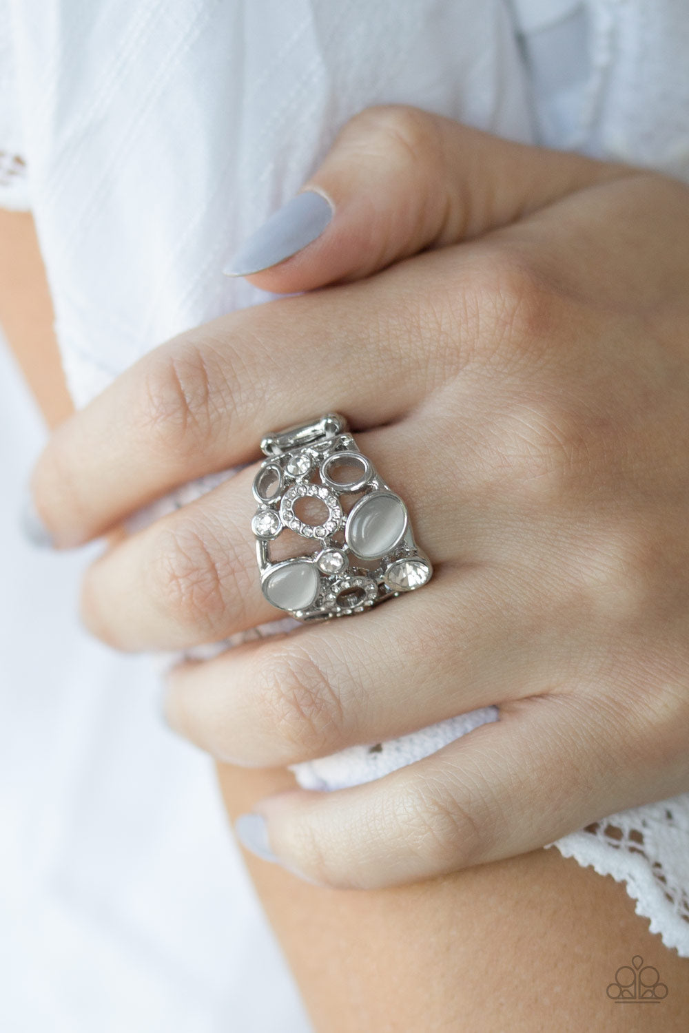 Paparazzi Summer Yacht - White Moonstone - White Rhinestones - Silver Ring - $5 Jewelry With Ashley Swint