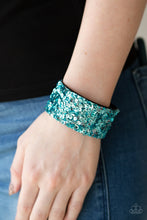 Load image into Gallery viewer, Paparazzi Starry Sequins - Blue - Rhinestones and Sequins - Black Suede Band - Bracelet - $5 Jewelry With Ashley Swint