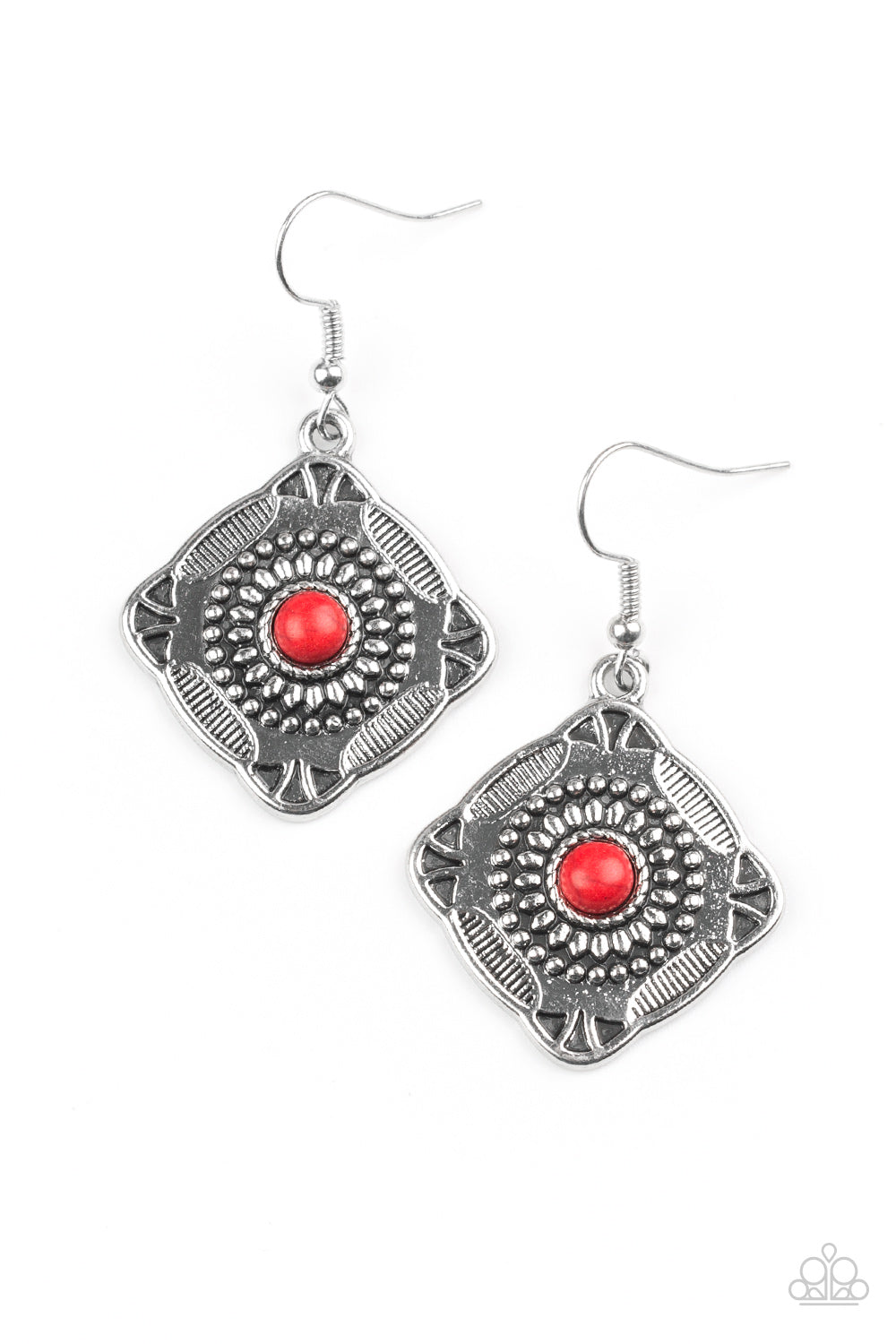 Paparazzi Fiercely Four Corners - Red Stone - Silver Earrings - $5 Jewelry With Ashley Swint