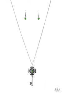 Paparazzi Got It On Lock - Green Rhinestone - Key Pendant Necklace & Earrings - $5 Jewelry With Ashley Swint
