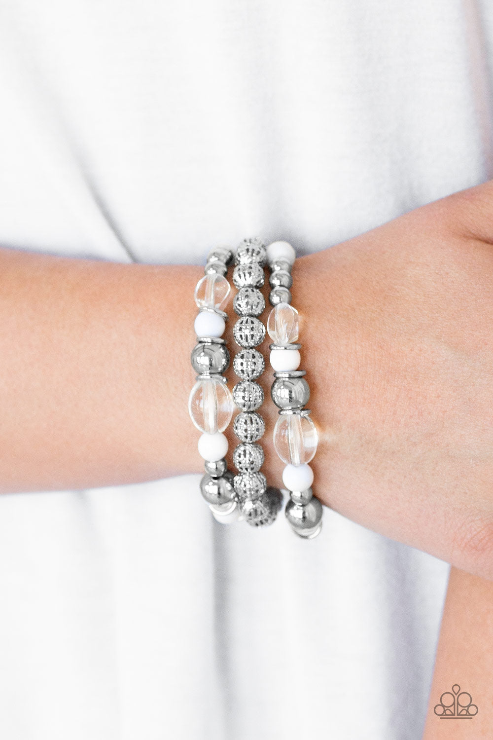 Paparazzi Malibu Marina - White - Set of 3 Stretchy Band Bracelets - $5 Jewelry with Ashley Swint