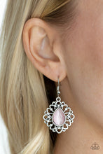 Load image into Gallery viewer, Paparazzi Totally GLOWN Away - Pink - Cat&#39;s Eye - White Rhinestones - Frilly Silver Earrings - $5 Jewelry With Ashley Swint