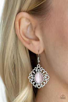 Paparazzi Totally GLOWN Away - Pink - Cat's Eye - White Rhinestones - Frilly Silver Earrings - $5 Jewelry With Ashley Swint