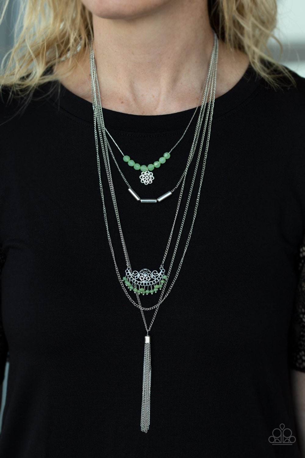 Paparazzi Malibu Mixer - Green Beads - Silver Necklace and matching Earrings - $5 Jewelry With Ashley Swint