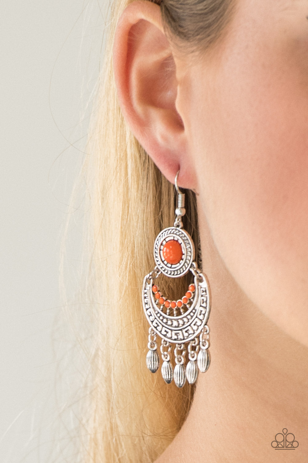Paparazzi Mantra to Mantra - Orange Beaded Center - Silver Crescent - Fringe Earrings - $5 Jewelry With Ashley Swint