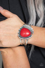 Load image into Gallery viewer, Paparazzi Natures Bounty - Red Stone - Antiqued Silver Feather - Cuff Bracelet - $5 Jewelry With Ashley Swint