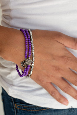 Paparazzi Lovers Loot - Purple - Silver Heart & Rose Charms - Set of 3 Stretchy Bracelets - $5 Jewelry With Ashley Swint
