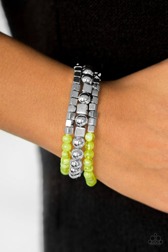 Paparazzi Take Shape - Green - Silver Cube Beading - Set of 3 Stretchy Bracelets - $5 Jewelry With Ashley Swint