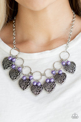 Paparazzi Very Valentine - Purple Pearls - Heart Silver Necklace & Earrings - $5 Jewelry With Ashley Swint