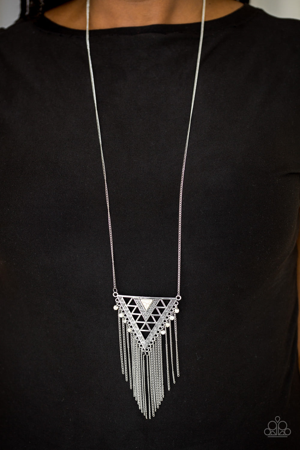 Paparazzi Colorfully Colossal - White Stone - Silver Triangular Pendant - Fringe Necklace - $5 Jewelry With Ashley Swint