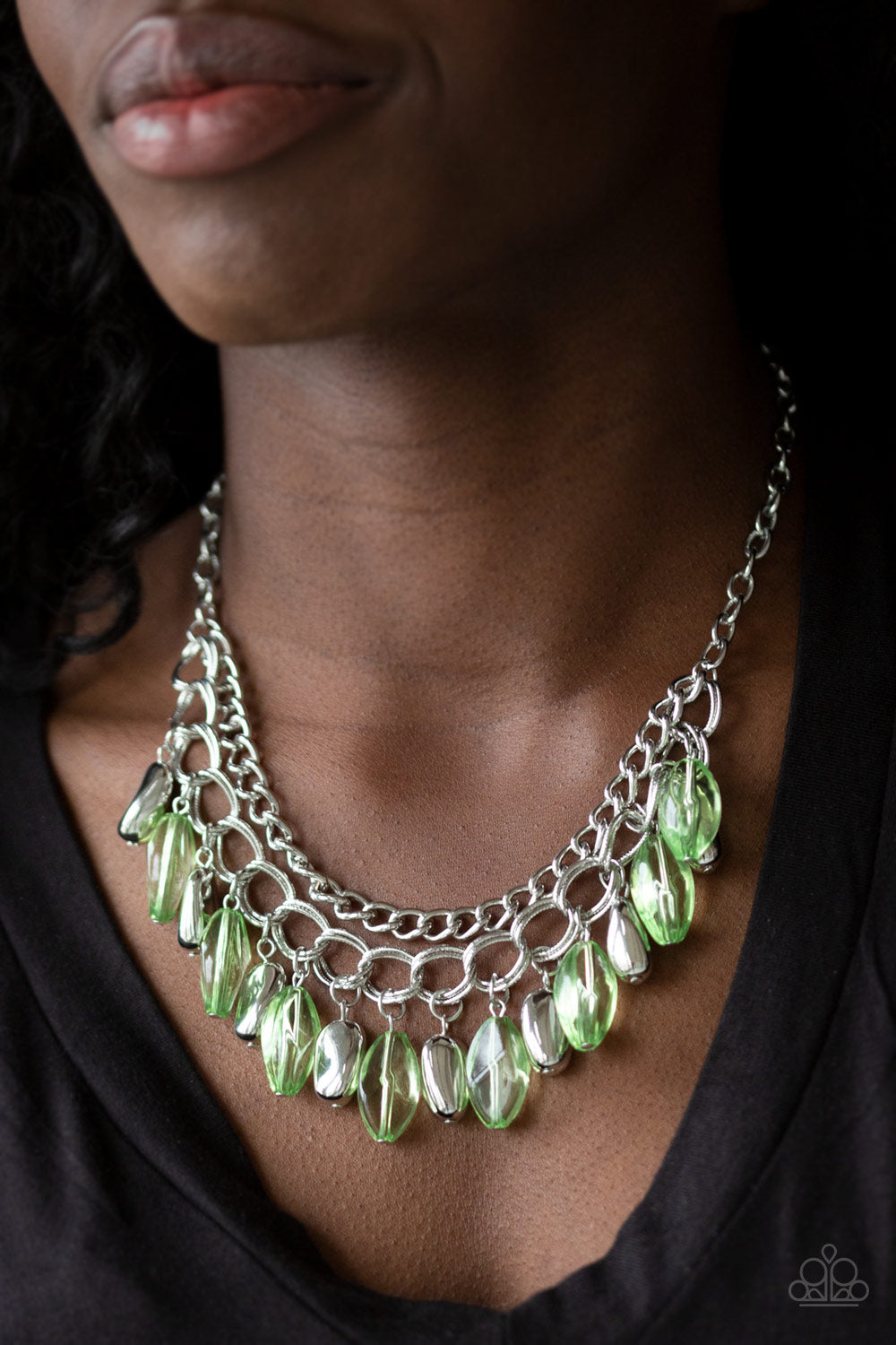 Paparazzi Spring Daydream - Green Beads - Silver Necklace and matching Earrings - $5 Jewelry With Ashley Swint