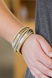 Paparazzi Rock Star Attitude - Yellow - White Rhinestones, Silver Studs - Double Wrap Bracelet - $5 Jewelry With Ashley Swint