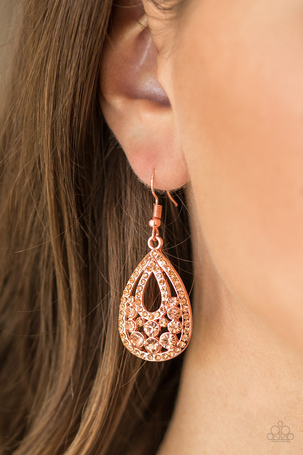 Paparazzi Sparkling Stardom - Copper - Peach Rhinestones - Silver Teardrop Earrings - $5 Jewelry With Ashley Swint