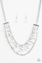 Load image into Gallery viewer, Paparazzi Rockefeller Romance - White - Pearly Beads - Rows Of Shimmery Silver Chains - Necklace &amp; Earrings - $5 Jewelry With Ashley Swint