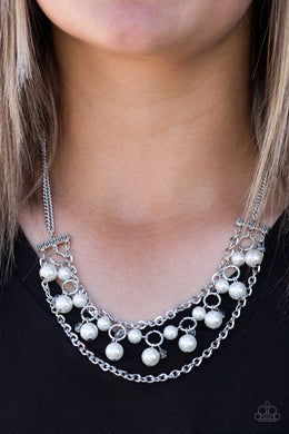 Paparazzi Rockefeller Romance - White - Pearly Beads - Rows Of Shimmery Silver Chains - Necklace & Earrings - $5 Jewelry With Ashley Swint