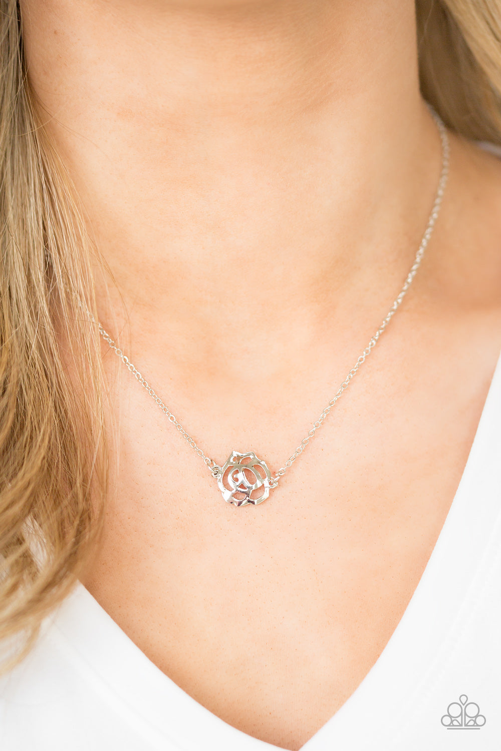 Paparazzi Pleasantly Primrose - Silver - Rose Necklace and matching Earrings - $5 Jewelry With Ashley Swint