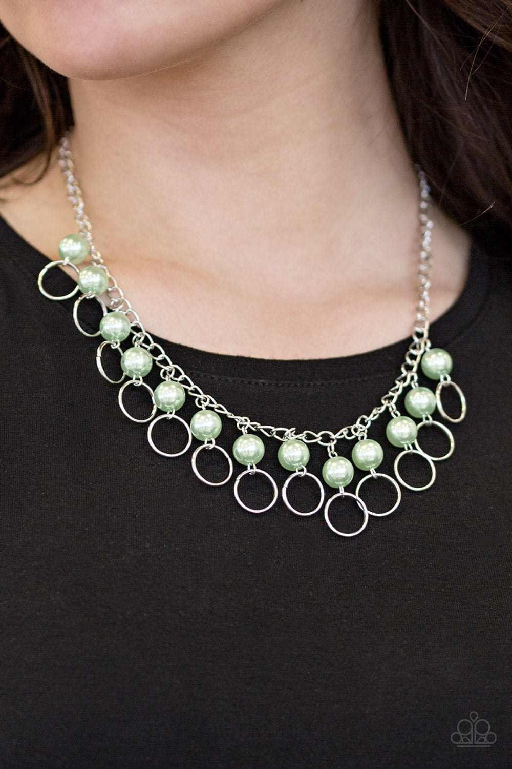 Paparazzi Run The Show - Green Pearls - Silver Necklace & Earrings - $5 Jewelry With Ashley Swint