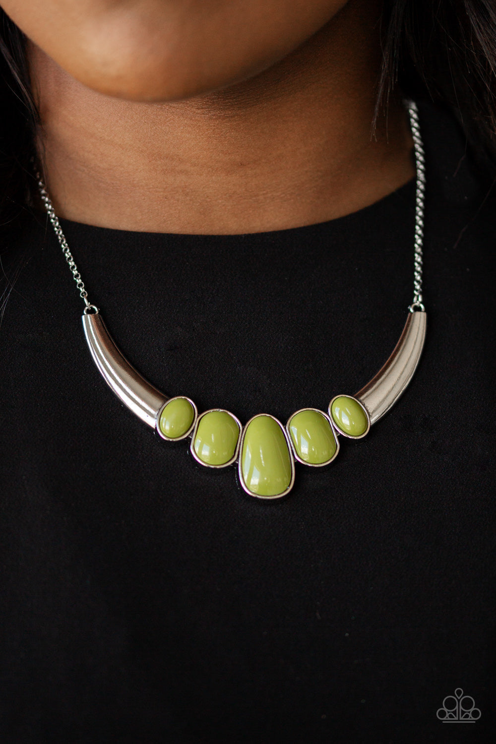 Paparazzi A BULL House - Green Beads - Silver Statement Necklace & Earrings - $5 Jewelry With Ashley Swint