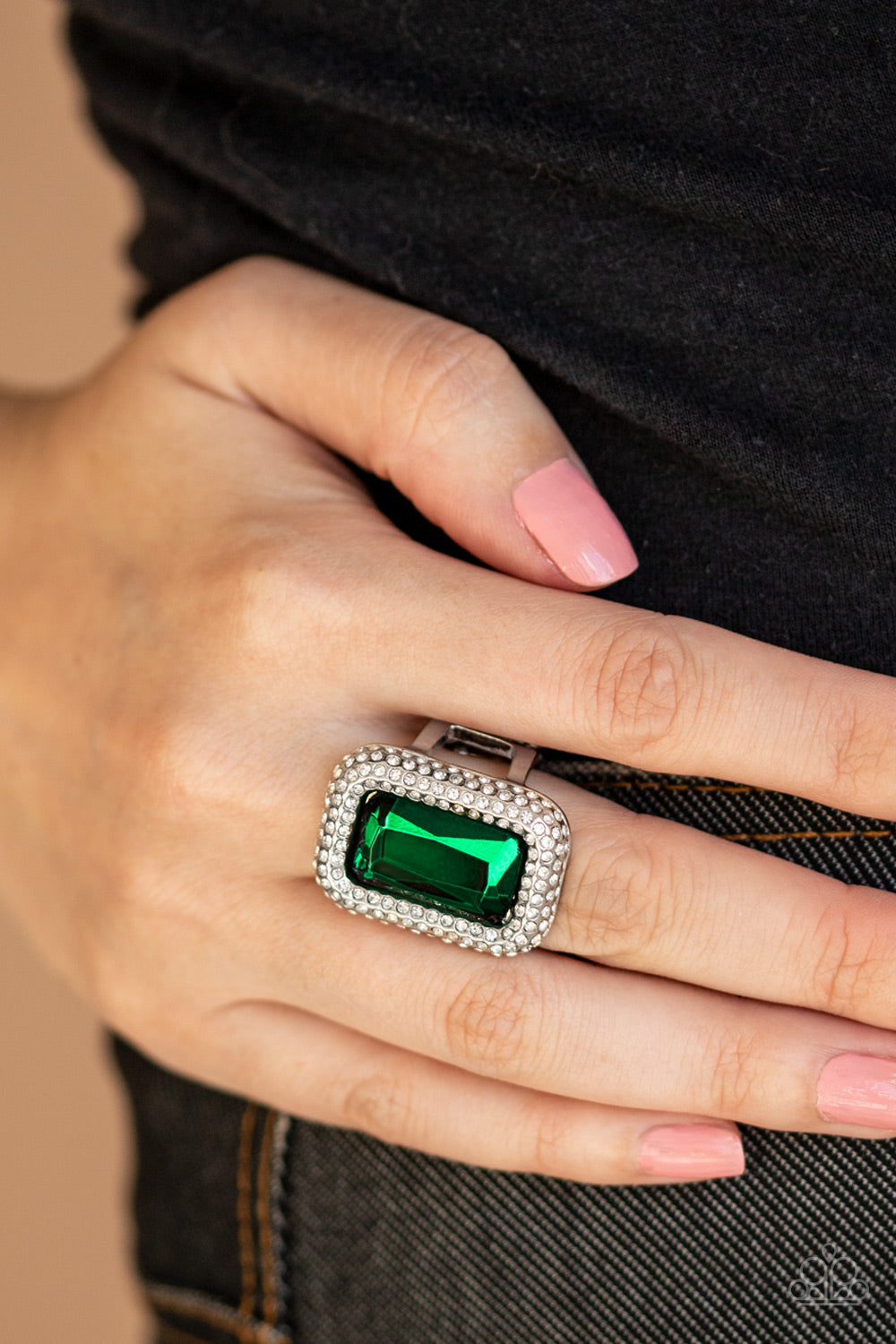 Paparazzi A Grand STATEMENT-MAKER - Green - Emerald Cut - White Rhinestones - Ring - $5 Jewelry with Ashley Swint