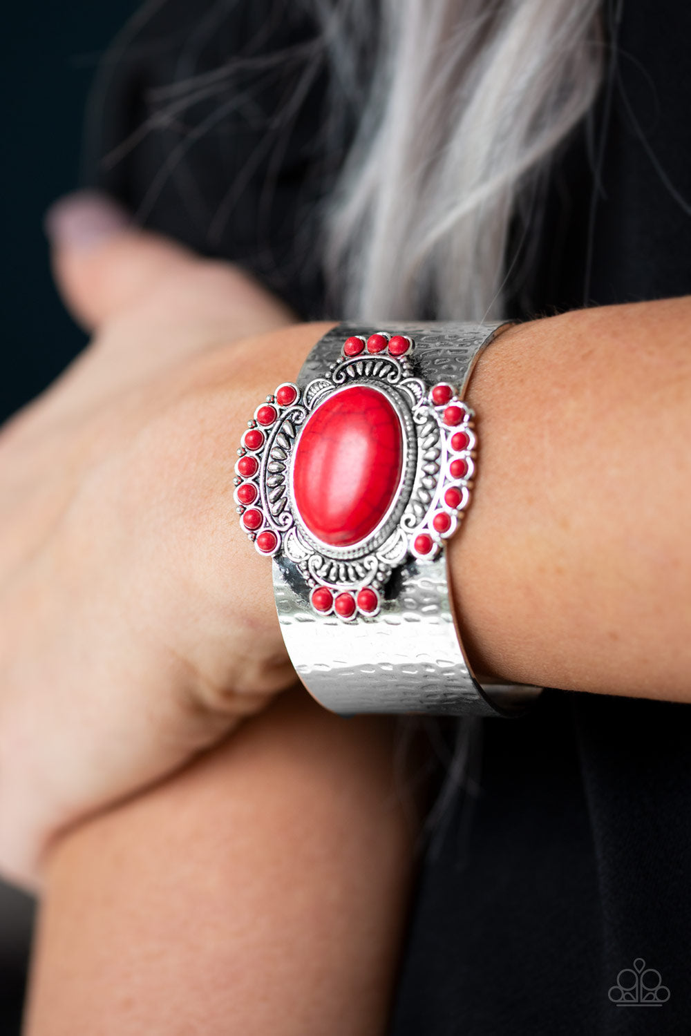 Paparazzi Canyon Crafted - Red Stones - Silver Hammered Cuff Bracelet - $5 Jewelry With Ashley Swint