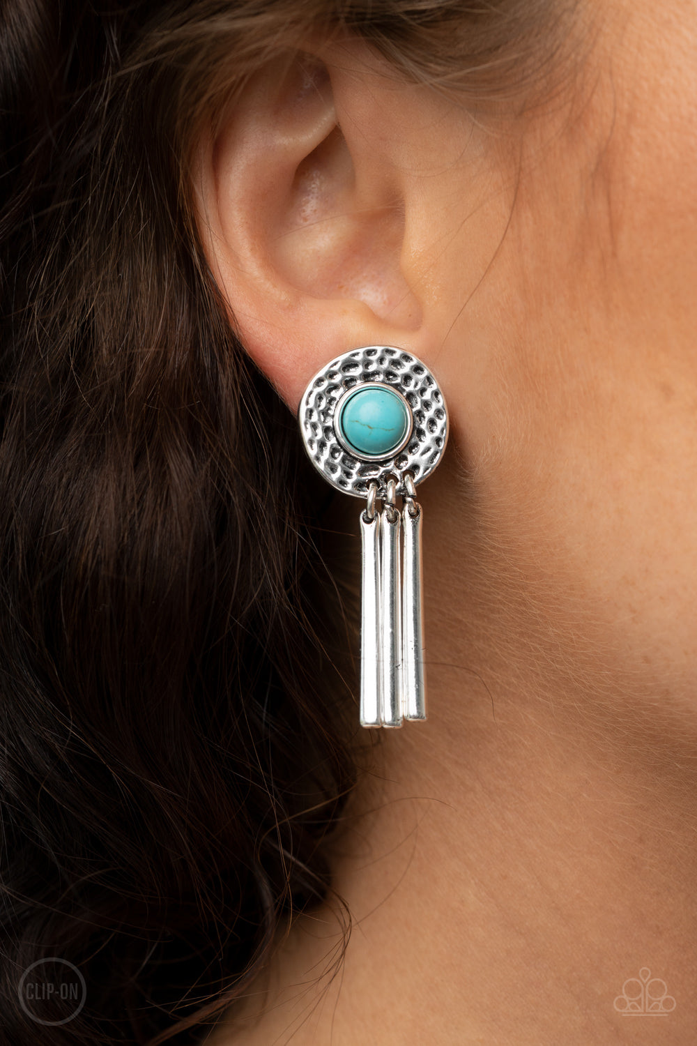 Paparazzi Desert Amulet - Blue Turquoise Stone - Hammered Silver Clip On Earrings - $5 Jewelry with Ashley Swint
