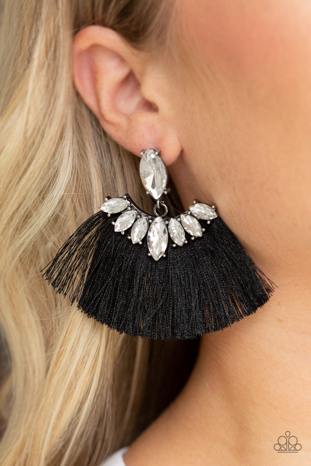 Paparazzi Formal Flair - Black - Thread / Fringe - Rhinestones - Post Earrings - $5 Jewelry With Ashley Swint