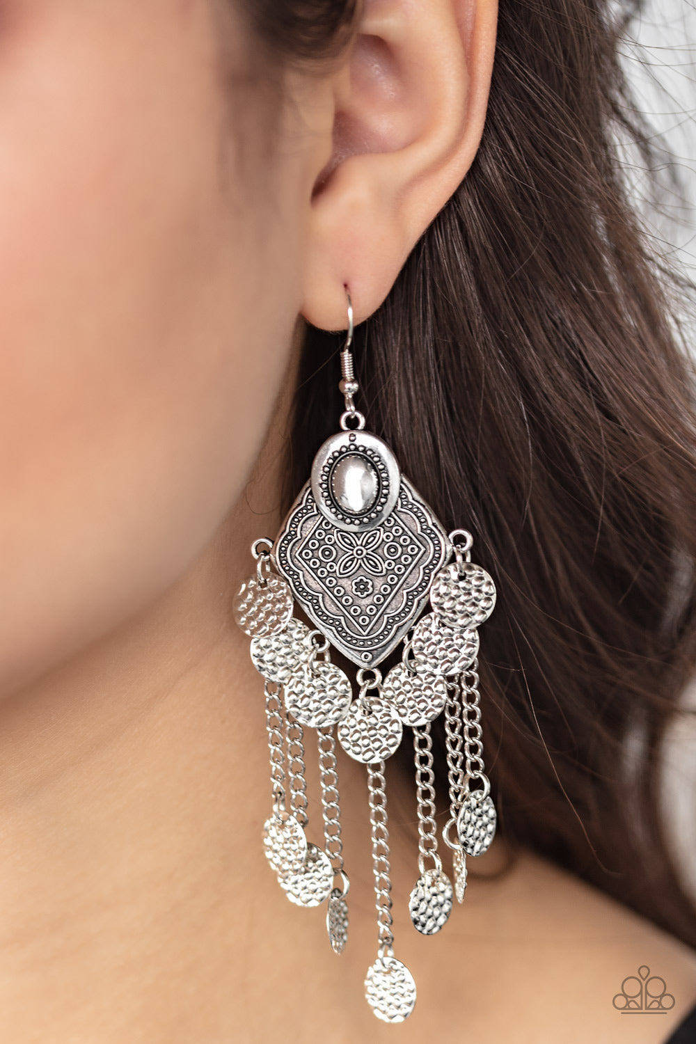 Paparazzi Garden Explorer - Silver - Embossed Discs - Double Fringe Earrings - $5 Jewelry with Ashley Swint