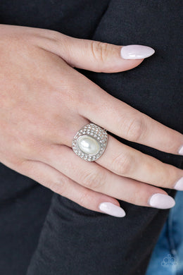 Paparazzi Glittering Go-Getter - White Pearly Bead - White Rhinestones - Ring - Life of the Party Exclusive August 2019 - $5 Jewelry With Ashley Swint